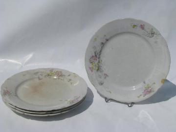 catalog photo of shabby antique transferware ironstone china plates, pink & yellow flowers