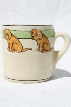 catalog photo of shabby antique vintage Roseville pottery child's cup, baby mug w/ brown puppy dog