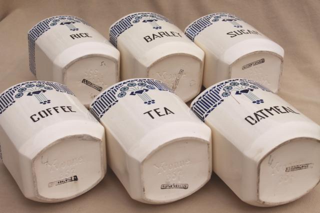 photo of shabby antique vintage blue & white china canister jars, kitchen pantry canisters #6