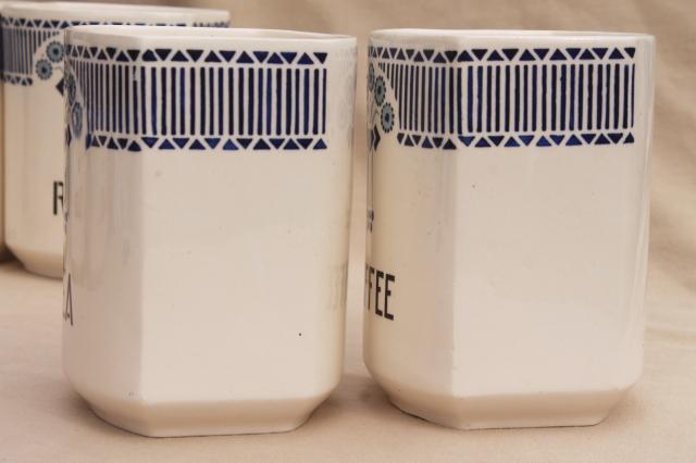 photo of shabby antique vintage blue & white china canister jars, kitchen pantry canisters #11