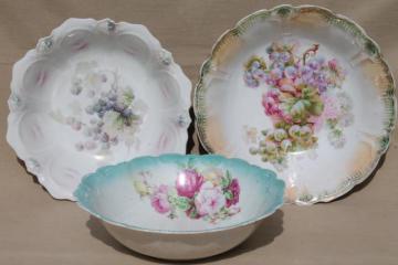 catalog photo of shabby antique vintage china serving dishes, large salad bowls w/ flowers & fruit