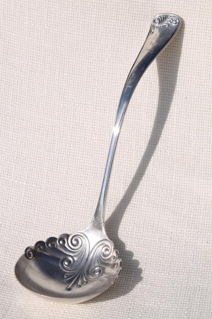 photo of shabby antique vintage silver soup ladle or serving spoon, tarnished silverplate w/ monogram #1