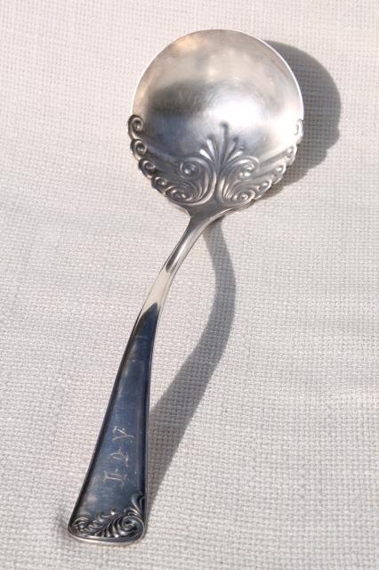 photo of shabby antique vintage silver soup ladle or serving spoon, tarnished silverplate w/ monogram #3