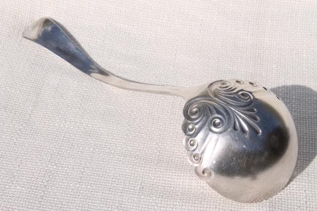 photo of shabby antique vintage silver soup ladle or serving spoon, tarnished silverplate w/ monogram #4