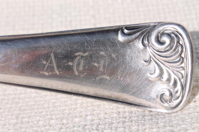 photo of shabby antique vintage silver soup ladle or serving spoon, tarnished silverplate w/ monogram #6