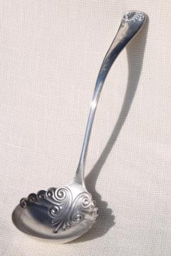 catalog photo of shabby antique vintage silver soup ladle or serving spoon, tarnished silverplate w/ monogram