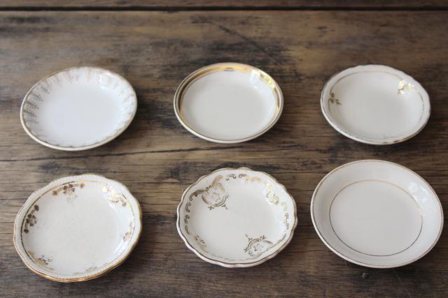 photo of shabby antique white china butter pats w/ worn gold, collection of tiny plates different patterns #1