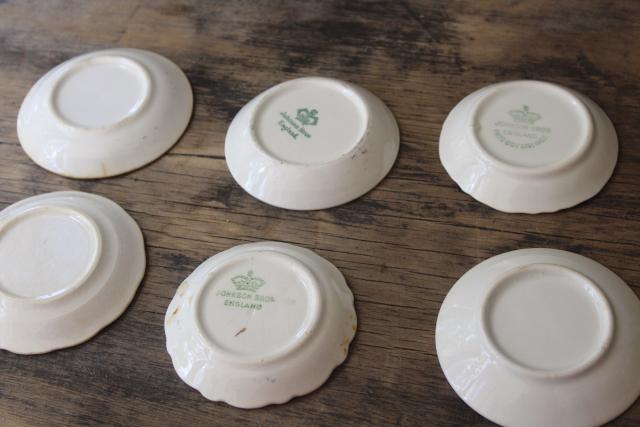 photo of shabby antique white china butter pats w/ worn gold, collection of tiny plates different patterns #6