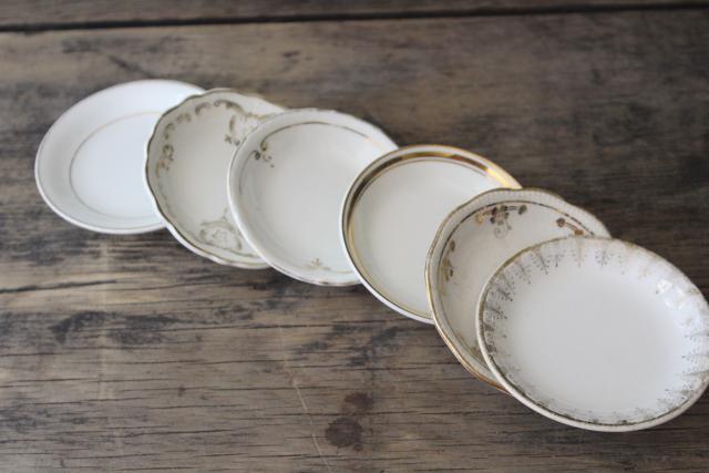 photo of shabby antique white china butter pats w/ worn gold, collection of tiny plates different patterns #7