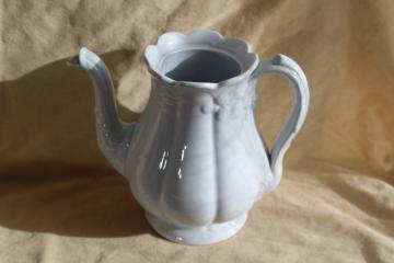 catalog photo of shabby antique white china teapot, wheat & bramble berry embossed ironstone