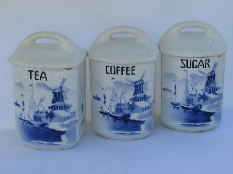 photo of shabby blue & white china, antique kitchen canister coffee & tea jars, vintage Czech #1