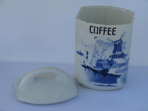 photo of shabby blue & white china, antique kitchen canister coffee & tea jars, vintage Czech #3