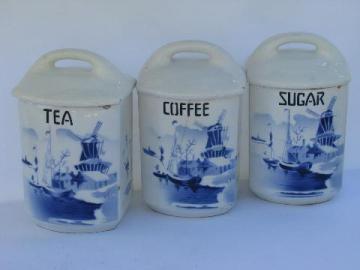 catalog photo of shabby blue & white china, antique kitchen canister coffee & tea jars, vintage Czech