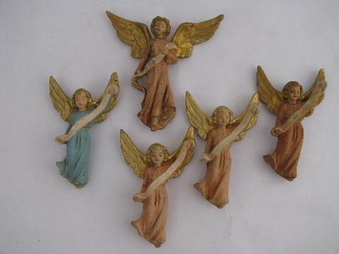 photo of shabby but pretty weathered old painted angel ornaments, choir of angels #1