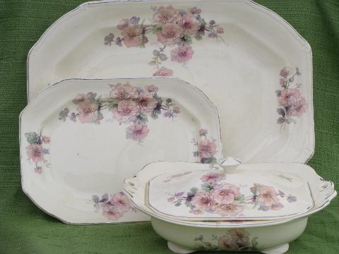 photo of shabby cabbage roses vintage china covered bowl, big & small platter #1