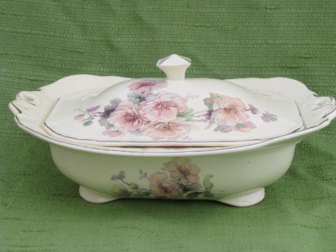 photo of shabby cabbage roses vintage china covered bowl, big & small platter #2