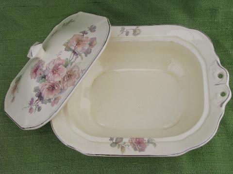 photo of shabby cabbage roses vintage china covered bowl, big & small platter #3