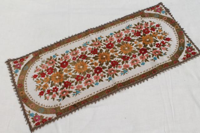 photo of shabby chic cottage flowers vintage Belgian tapestry table runner, Muylle Belgium label #1