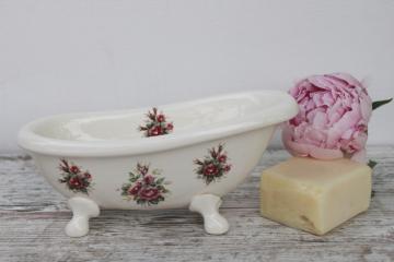 catalog photo of shabby chic pink roses ceramic soap dish, vintage claw foot tub Victorian bathtub shape 