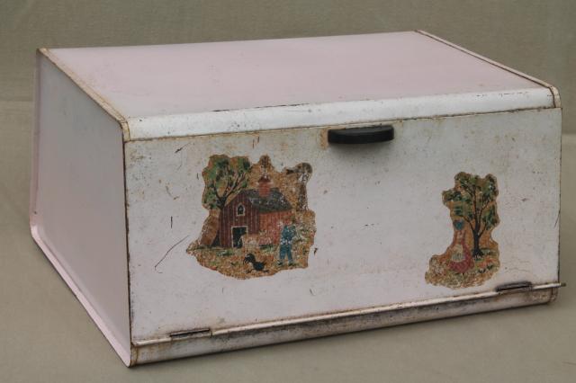 photo of shabby chic pink vintage metal bread box for country cottage kitchen #1