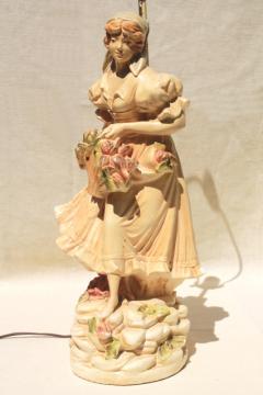 catalog photo of shabby chic vintage chalkware statue table lamp, shepherdess girl w/ flowers