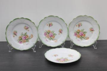catalog photo of shabby chic vintage floral china dessert plates set, pink & yellow roses w/ green border