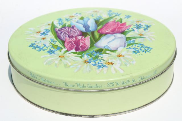 photo of shabby chic vintage flowered metal tins, 1940s 50s vintage candy or cookie tins #11