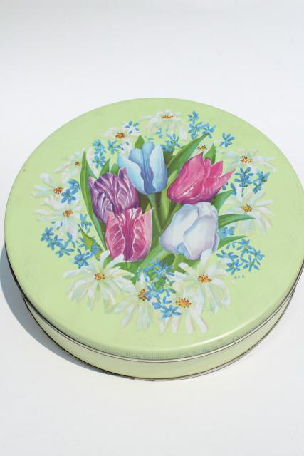 photo of shabby chic vintage flowered metal tins, 1940s 50s vintage candy or cookie tins #12