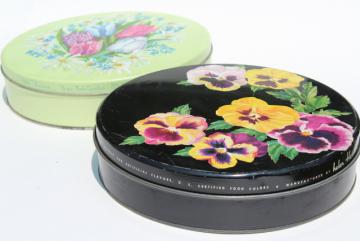 catalog photo of shabby chic vintage flowered metal tins, 1940s 50s vintage candy or cookie tins