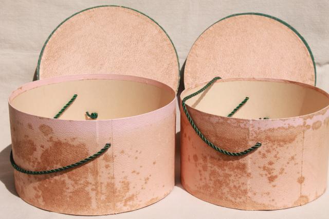 photo of shabby chic vintage hat boxes, faded pink & green nesting band box stack set #2