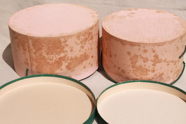 photo of shabby chic vintage hat boxes, faded pink & green nesting band box stack set #4