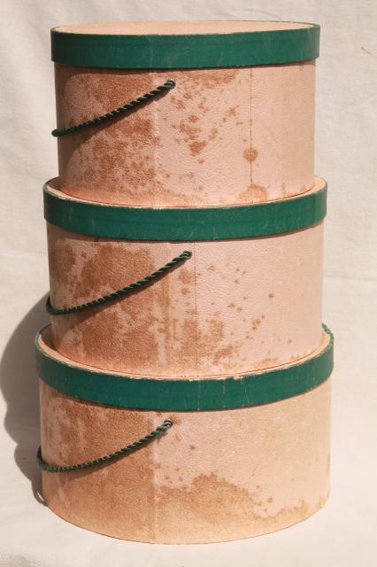 photo of shabby chic vintage hat boxes, faded pink & green nesting band box stack set #5