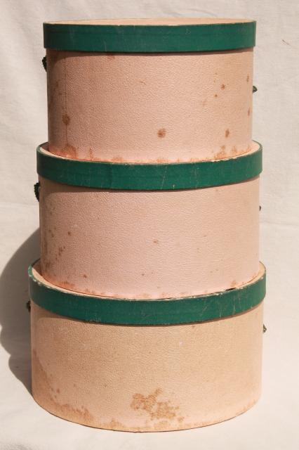 photo of shabby chic vintage hat boxes, faded pink & green nesting band box stack set #6