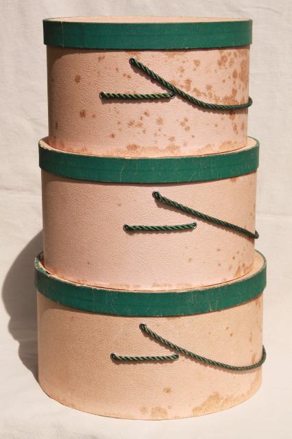 photo of shabby chic vintage hat boxes, faded pink & green nesting band box stack set #7