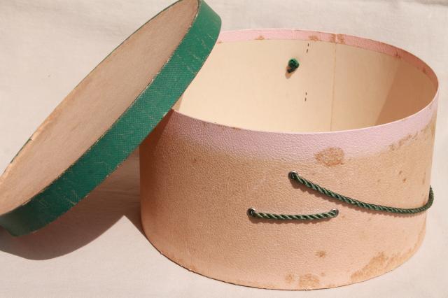 photo of shabby chic vintage hat boxes, faded pink & green nesting band box stack set #9