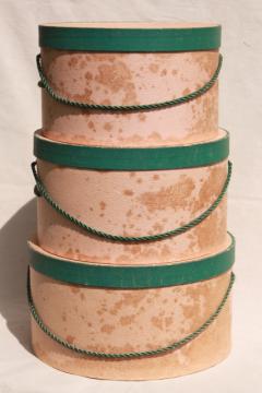 catalog photo of shabby chic vintage hat boxes, faded pink & green nesting band box stack set