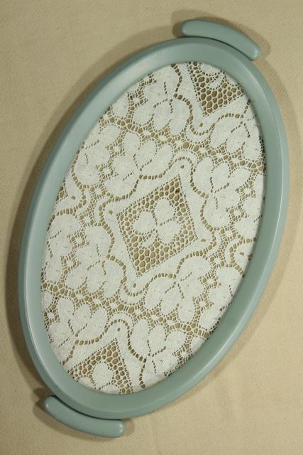 photo of shabby chic vintage lace tray w/ robin's egg blue metal frame, vanity perfume tray #1