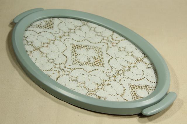 photo of shabby chic vintage lace tray w/ robin's egg blue metal frame, vanity perfume tray #2