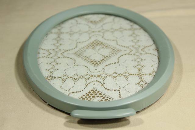 photo of shabby chic vintage lace tray w/ robin's egg blue metal frame, vanity perfume tray #3