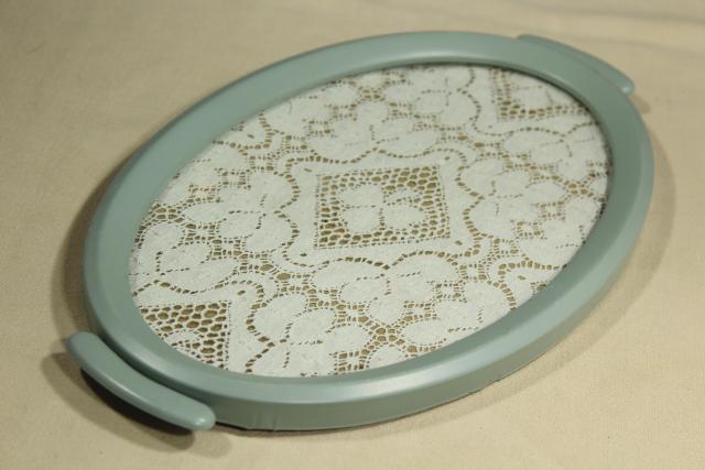 photo of shabby chic vintage lace tray w/ robin's egg blue metal frame, vanity perfume tray #5