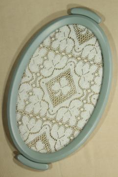 catalog photo of shabby chic vintage lace tray w/ robin's egg blue metal frame, vanity perfume tray