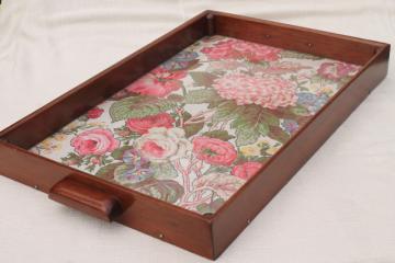 catalog photo of shabby chic vintage print cloth serving tray w/ wood box frame & sturdy handles