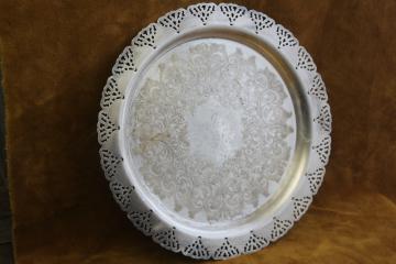 catalog photo of shabby chic vintage silver plate serving tray, pierced lace edge border