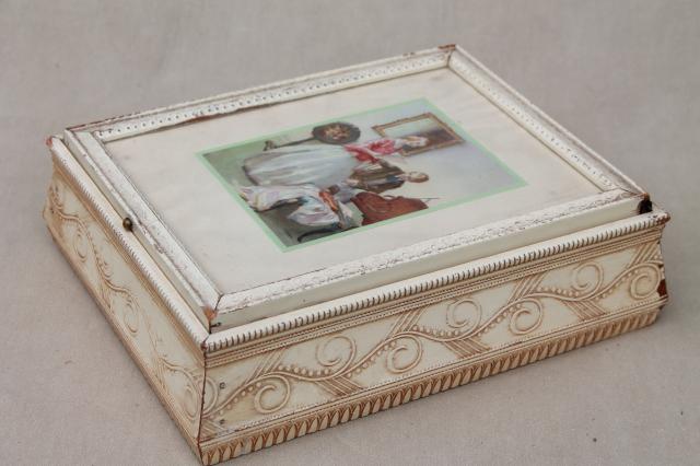 photo of shabby chic vintage wood jewelry box w/ mirror, Jane Austen era romantic couple print #1