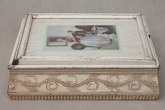 photo of shabby chic vintage wood jewelry box w/ mirror, Jane Austen era romantic couple print #3