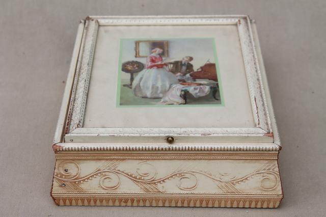photo of shabby chic vintage wood jewelry box w/ mirror, Jane Austen era romantic couple print #4