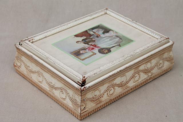 photo of shabby chic vintage wood jewelry box w/ mirror, Jane Austen era romantic couple print #10