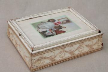 catalog photo of shabby chic vintage wood jewelry box w/ mirror, Jane Austen era romantic couple print