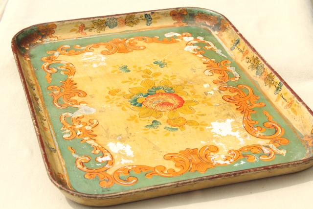 photo of shabby chippy floral serving tray, vintage Japan papier mache or composition #1