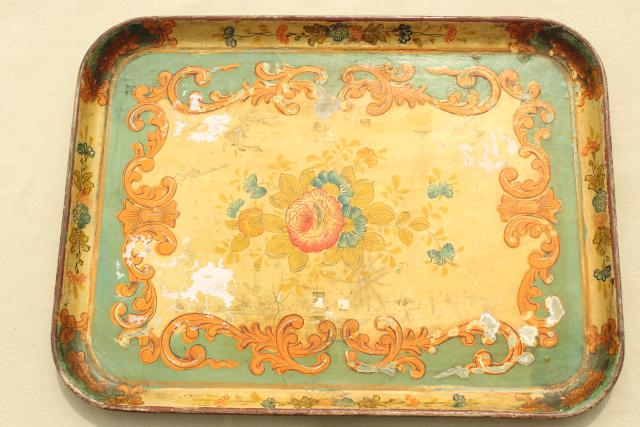 photo of shabby chippy floral serving tray, vintage Japan papier mache or composition #2